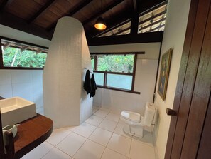 Shower, hair dryer, bidet, towels