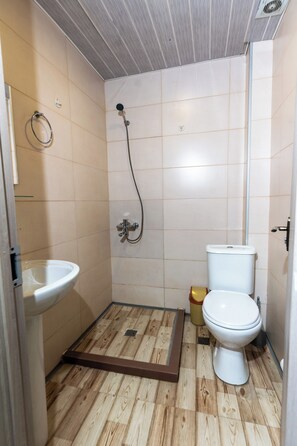 Bathroom features a shower, handheld showerhead, wall-mounted faucet, toilet, and trash bin.