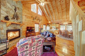 Smart TV, fireplace, DVD player, books