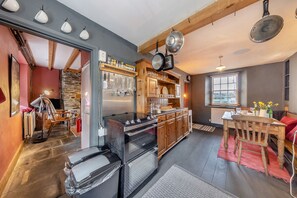 Fridge, microwave, oven, cookware/dishes/utensils