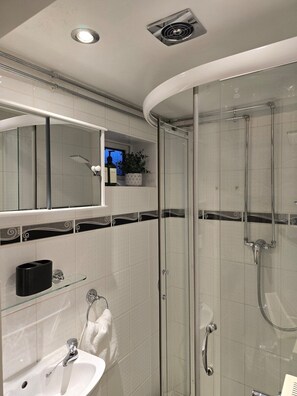Een haardroger, handdoeken, shampoo