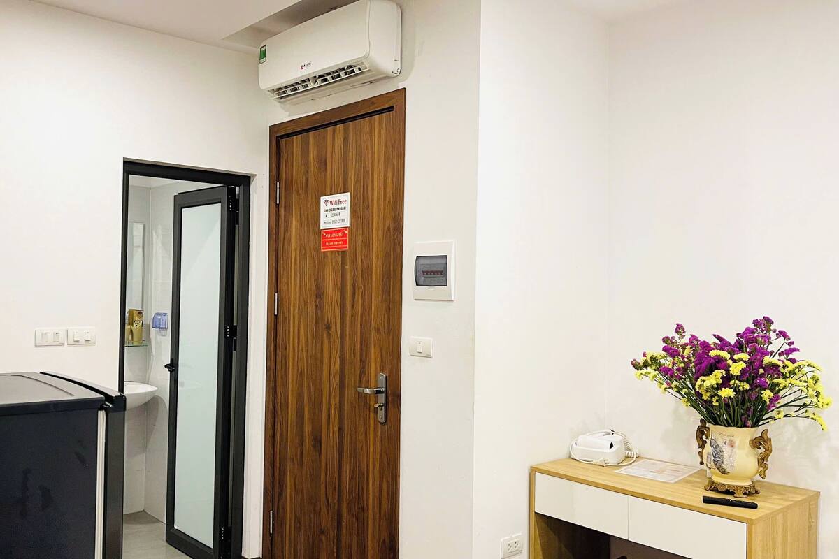 Habitación de hotel con puerta de madera, una mesita de noche con un florero y un escritorio negro, además de un aire acondicionado instalado en la pared.