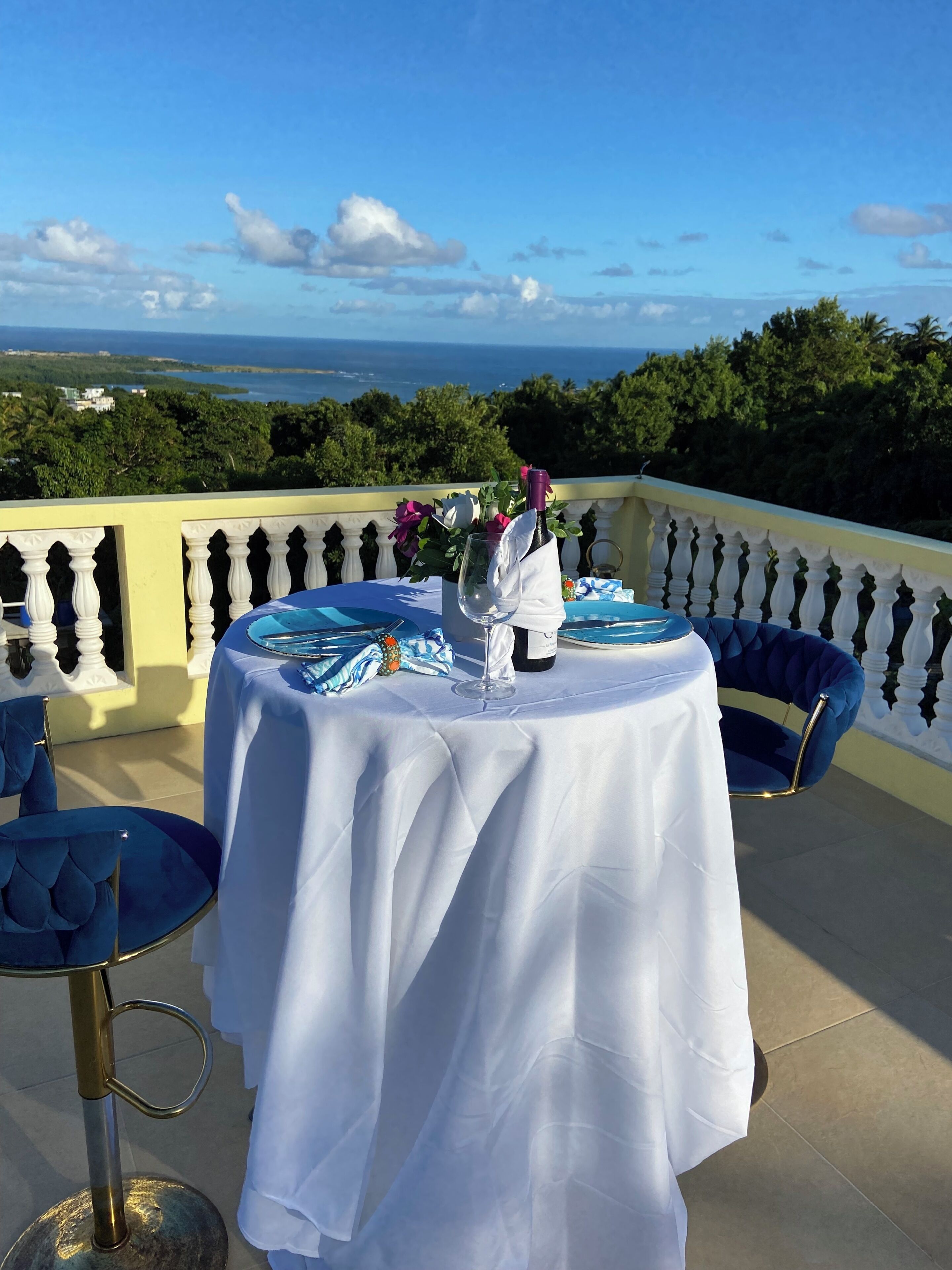 Mesa al aire libre con vistas al mar, mantel blanco y una botella de vino.