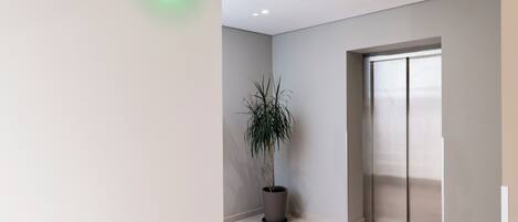 A modern elevator with a glass door, a potted plant, and a green EXIT sign.