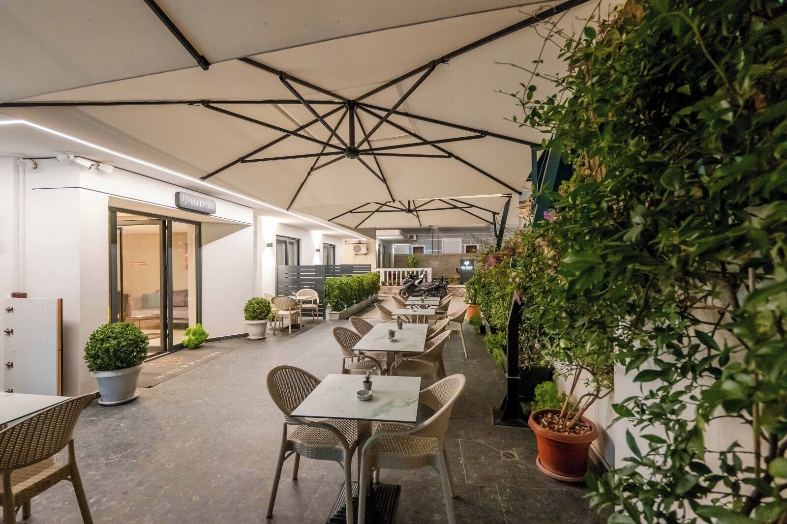 Un área de café al aire libre con mesas y sillas, plantas en macetas y una recepción de fondo.