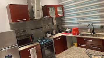 Deluxe Apartment, Balcony, City View | Private kitchen | Fridge, microwave, oven, stovetop