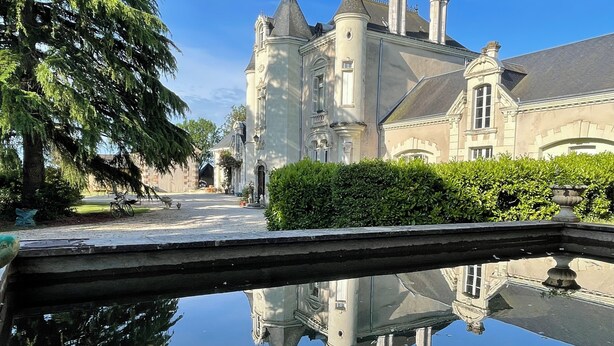 A historic building with a large tower and a reflection in a water feature. - Le Château de Leugny (Plaine-et-Vallées)