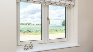 A window with a white frame and a view of a green field and trees.