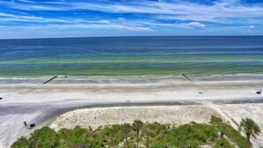 A beach with clear blue water, sandy shore, and some vegetation in the foreground.