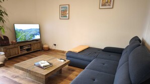 A living room with a wooden coffee table, a blue sofa, a television, and a framed picture on the wall. - Charming T3 with balconies in Ajaccio (Ajaccio)