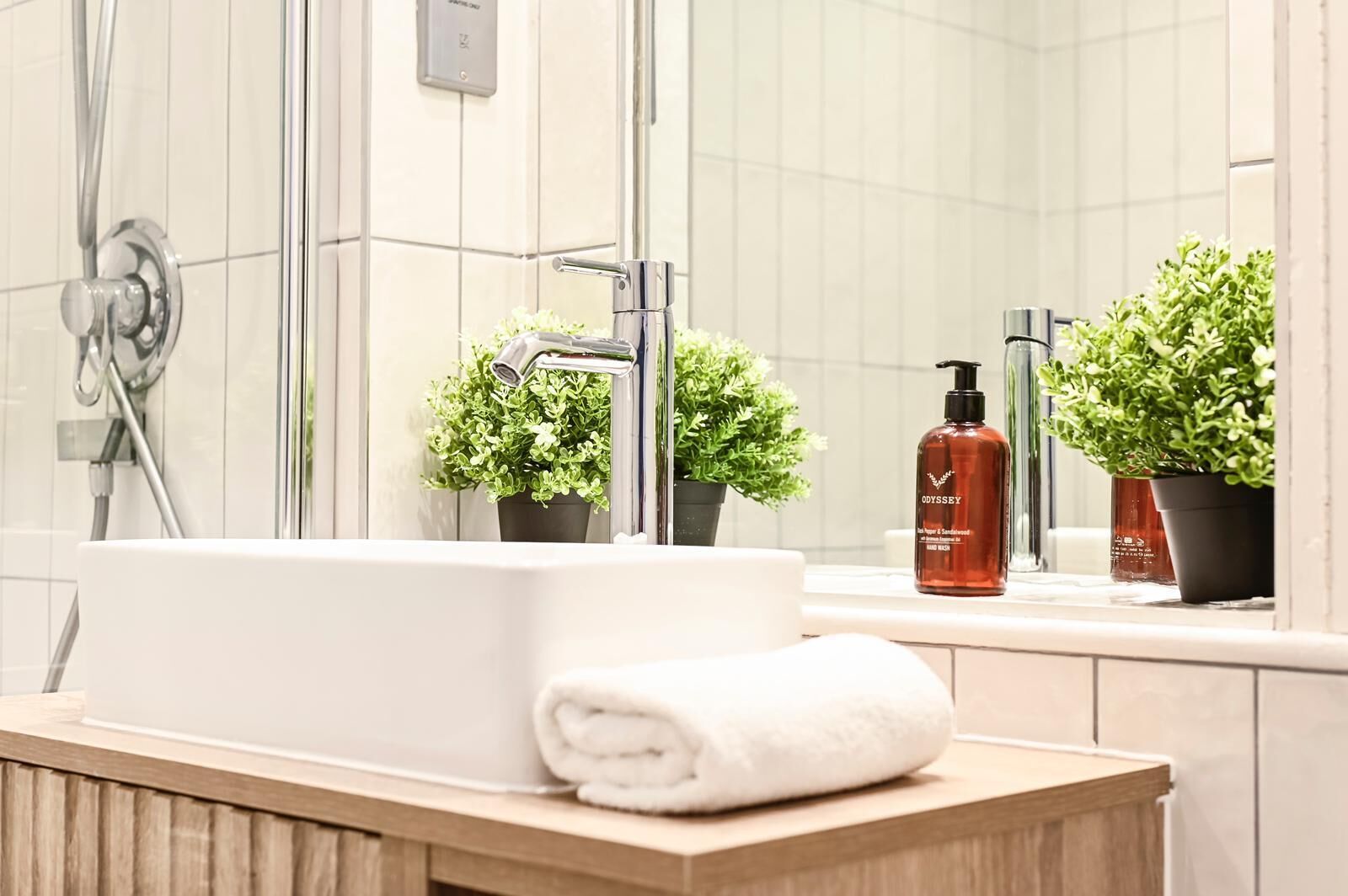 Douche, sèche-cheveux, serviettes fournies, shampoing