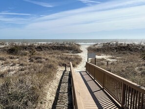 A wooden boardwalk leading to a beach with a signboard. - 438 Captain’s Walk
Oceanfront 2BR/2Bath 2nd floor condo (Hilton Head Island)