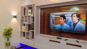 A modern living room with a flat-screen TV displaying 'Good Doctor' on Netflix, a built-in shelf unit, and a small plant.