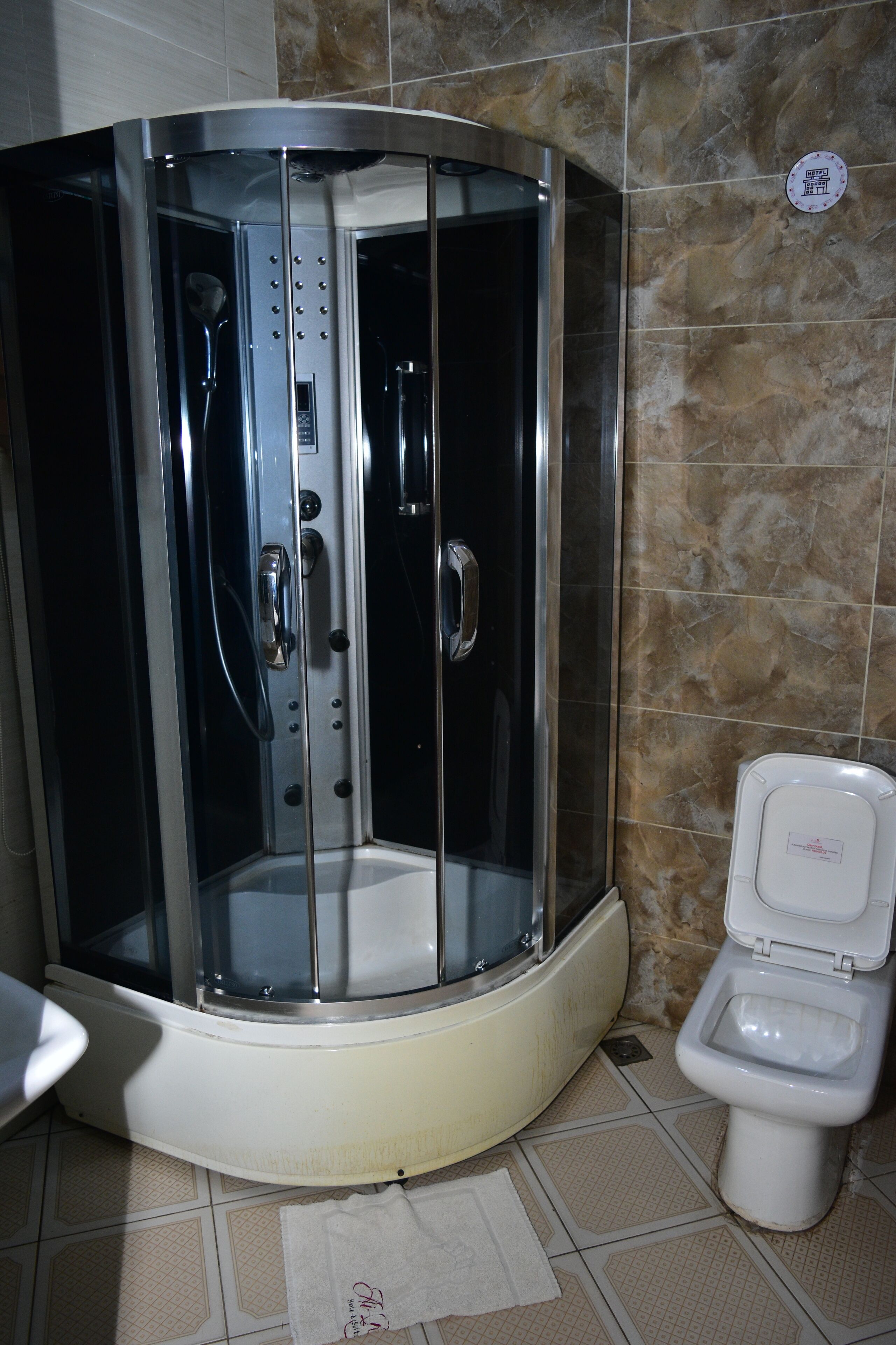 A corner shower enclosure with a glass door, a toilet, and a tiled floor.