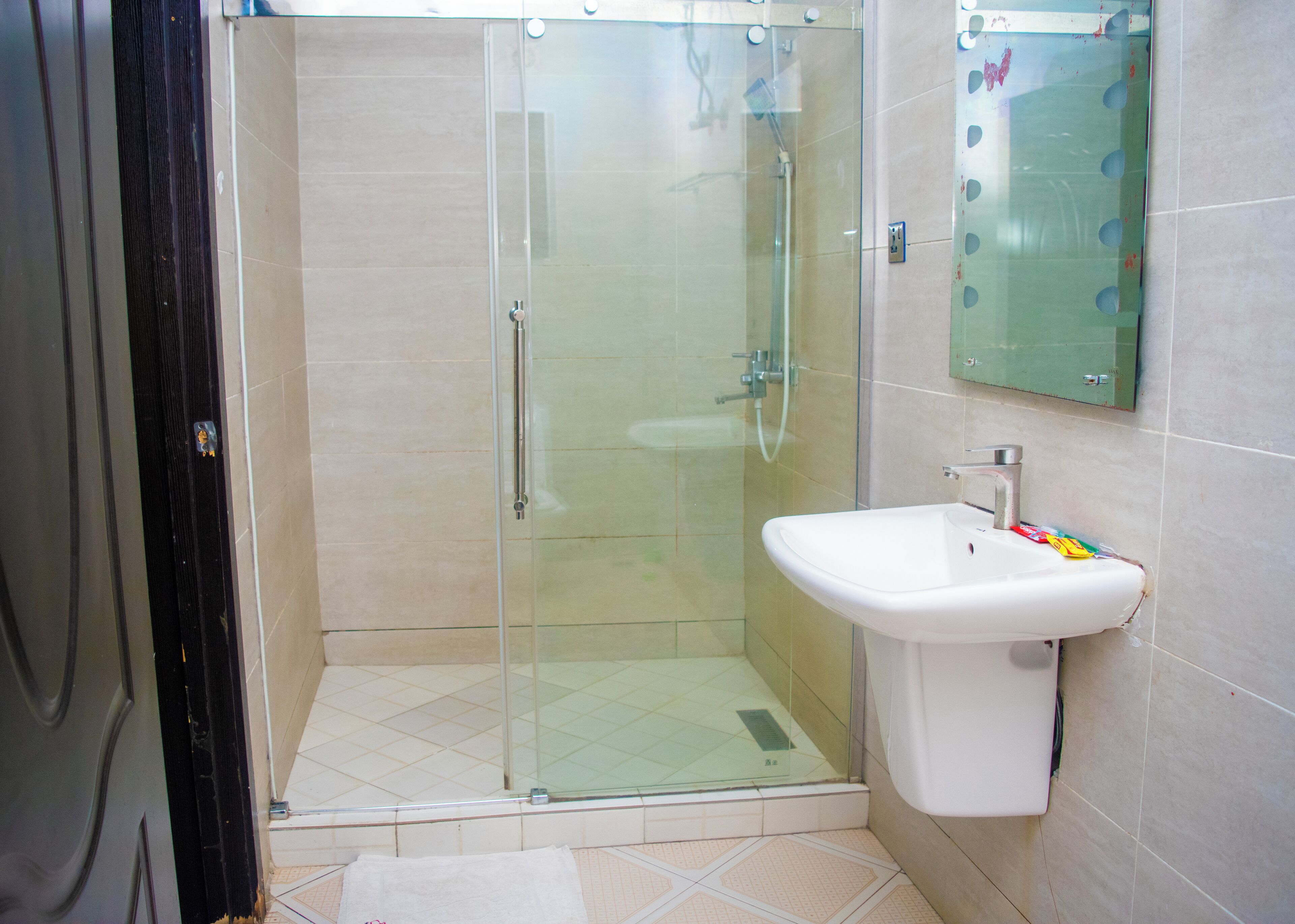 A glass-enclosed shower with a white sink and a mirror above it.