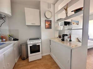 Een koelkast, een magnetron, een oven, een koffiezetapparaat/waterkoker