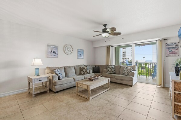 Condo, Multiple Beds (Oceanwalk 13-404) | Living area | TV - Oceanwalk 13-404 (New Smyrna Beach)