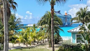 Een tropisch resort met een zwembad, palmbomen en een cruiseschip op de achtergrond.