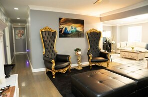 Smart TV, fireplace, books