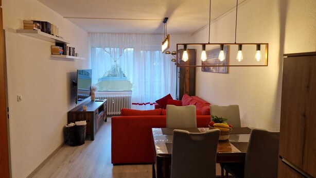 En moderne stue med en rød sofa, et spisebord med stole og et fjernsyn. Der er reoler med bøger og en radiator.