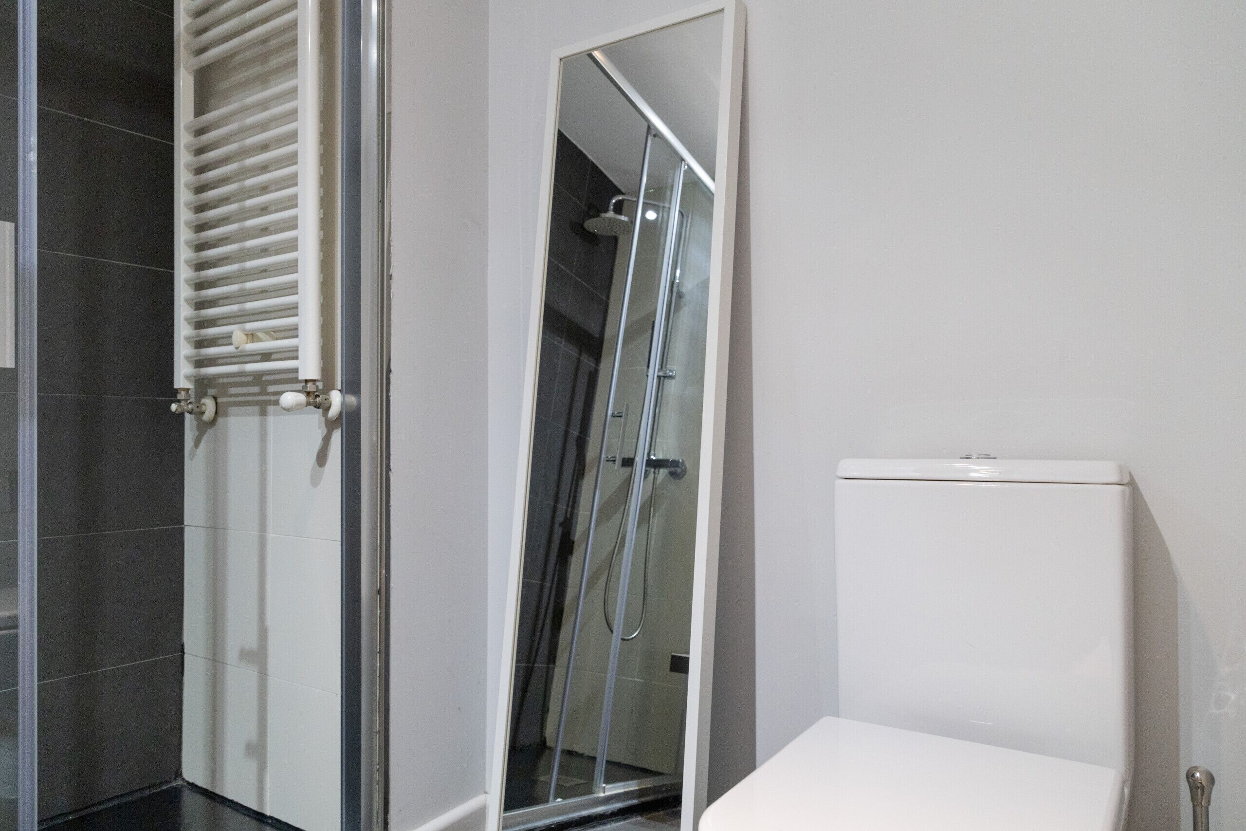 A bathroom with a glass shower enclosure, a white toilet, and a towel rack.