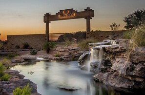 A wooden archway with the word "CHAMPION" illuminated, a small waterfall, and a calm pond with rocks and vegetation.