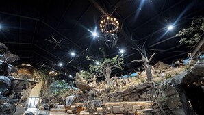 An indoor space with a rock wall, a waterfall feature, and seating areas.
