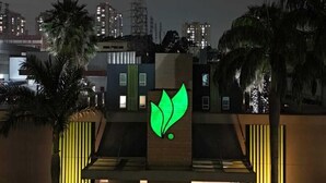 A modern building with a green leaf logo and the word "MINT" illuminated at night.