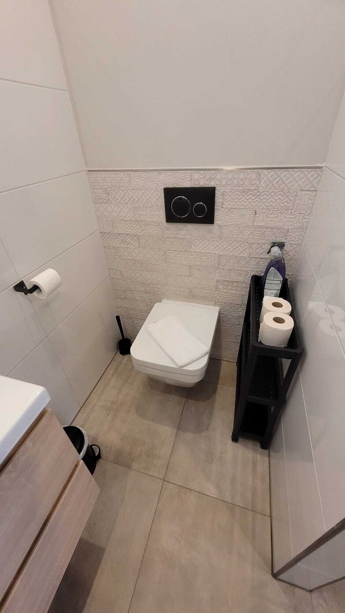 Ein kleines Badezimmer mit Toilette, Toilettenpapierhalter und Ablagefläche mit einer Flasche und zwei Toilettenpapierrollen.