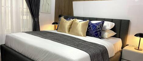 1 bedroom, desk, laptop workspace, blackout curtains