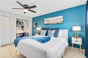 2 bedrooms, desk, laptop workspace, blackout drapes