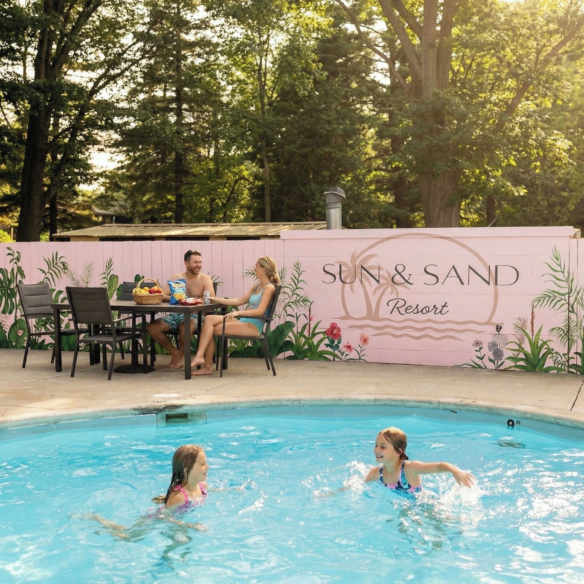 Seasonal outdoor pool, sun loungers