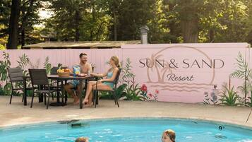 Seasonal outdoor pool, sun loungers