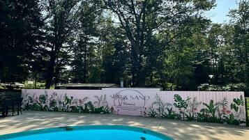 Seasonal outdoor pool, sun loungers