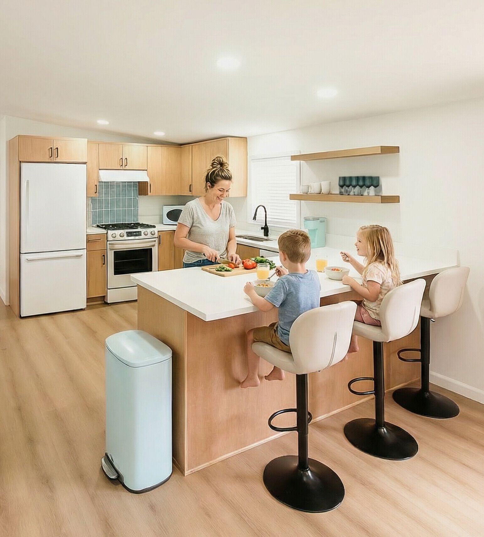 Una cocina moderna con armarios de madera, un refrigerador blanco, una estufa y una zona con taburetes de bar.