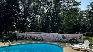 Seasonal outdoor pool, sun loungers