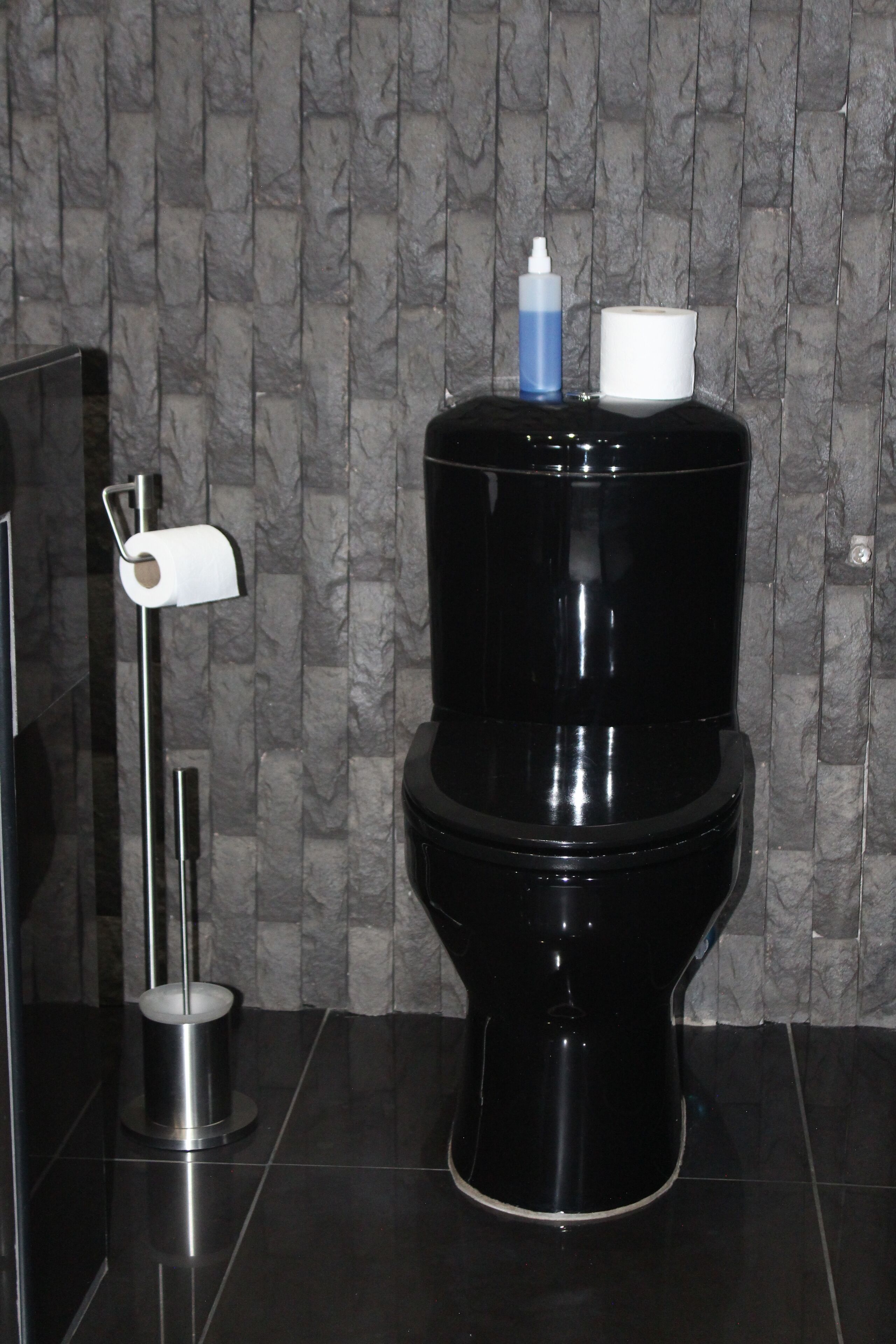 Un baño moderno con inodoro negro, un dispensador de papel higiénico y un bidé.