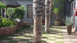 A courtyard with palm trees, a checkered floor, and potted plants. - Falcon Guesthouse (Upington)