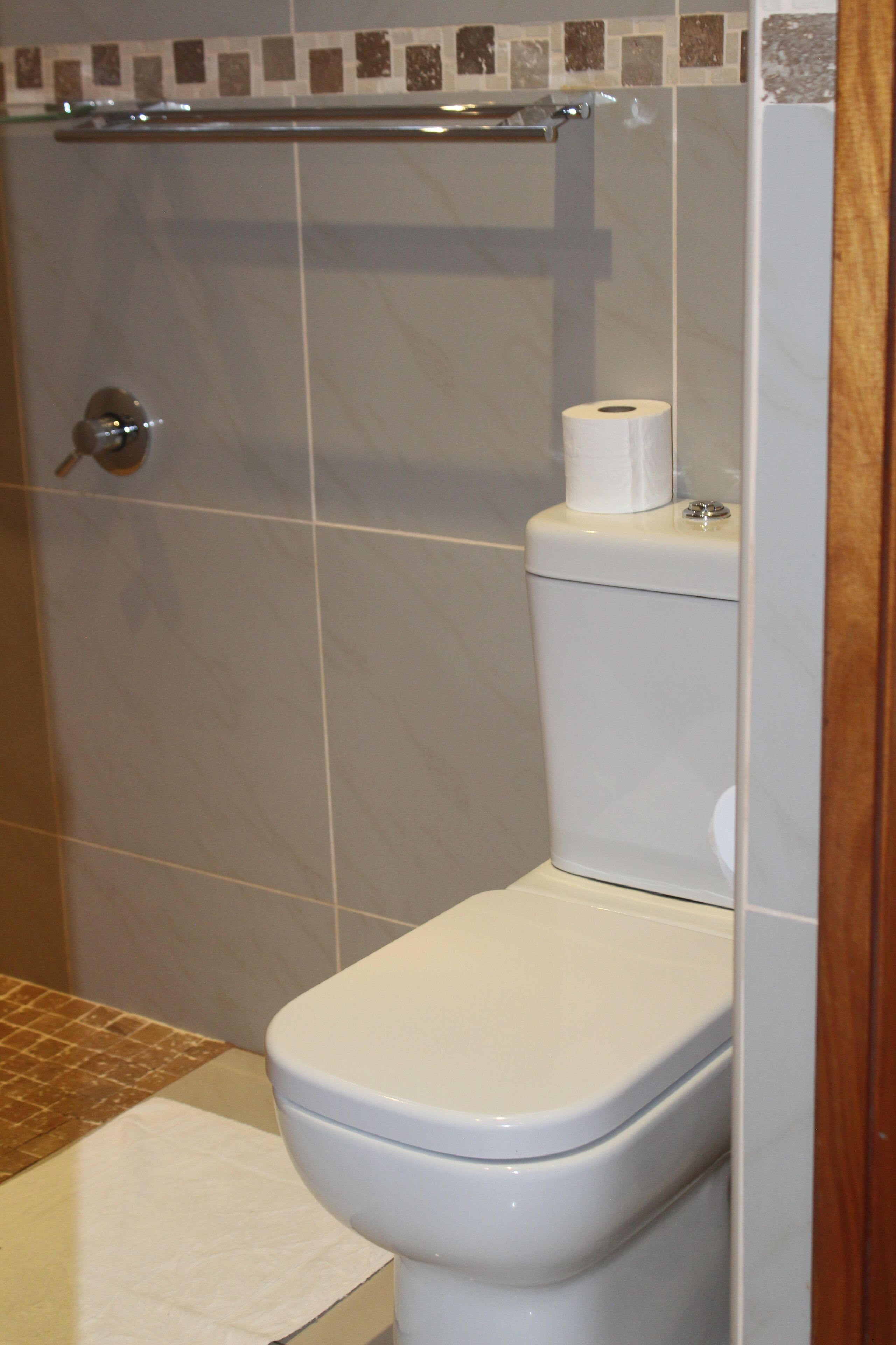 A bathroom with a toilet, a shower area, and a towel rack.