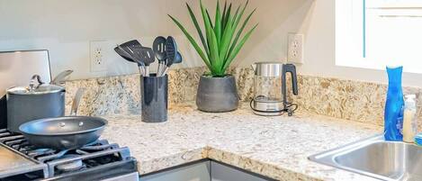 A kitchen with a stove, pots, a plant, and utensils on the counter.