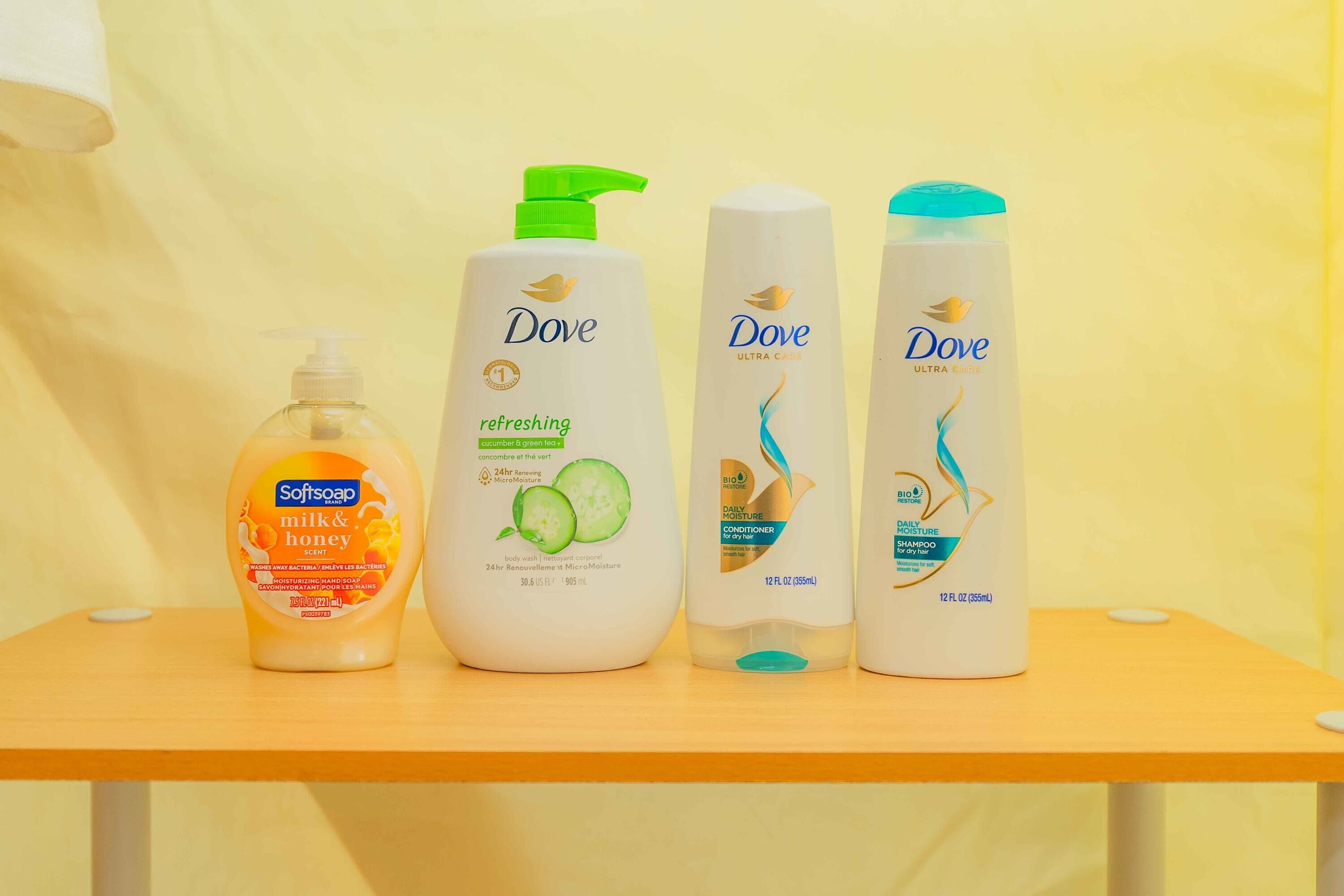 Designer toiletries, towels, toilet paper