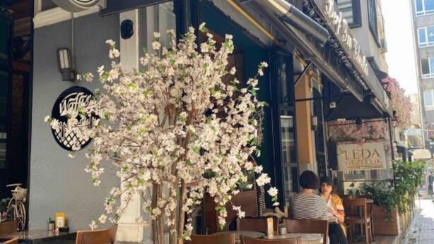 Un café con terraza, un gran árbol en flor y un cartel que dice 'Fleda Sweets'.