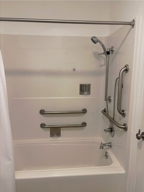 Hair dryer, towels, soap, shampoo