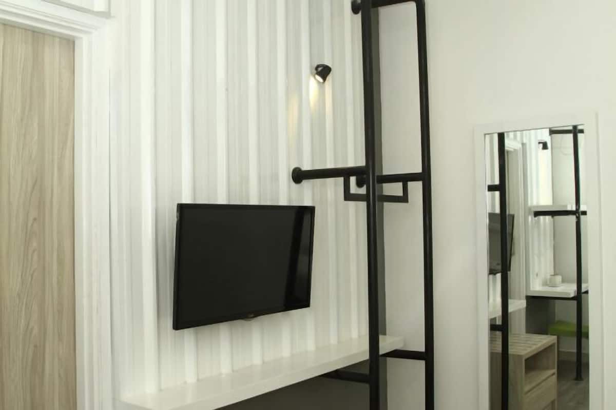 A room with a mounted television, a mirror, and a black metal ladder.