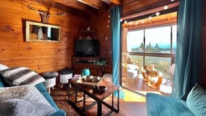 A cozy cabin interior with wooden walls, a television, a dining table with pottery, and a view of the outdoors.