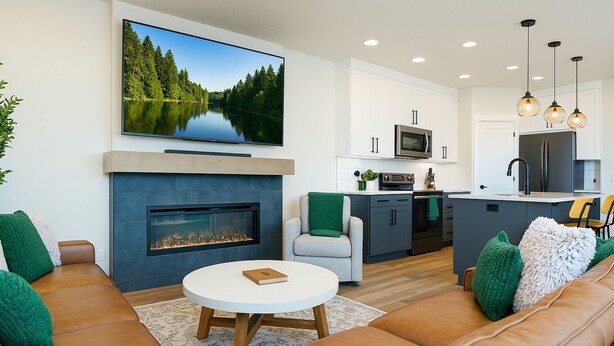 Una sala de estar moderna con chimenea, un televisor montado encima y una zona de cocina con microondas y horno.
