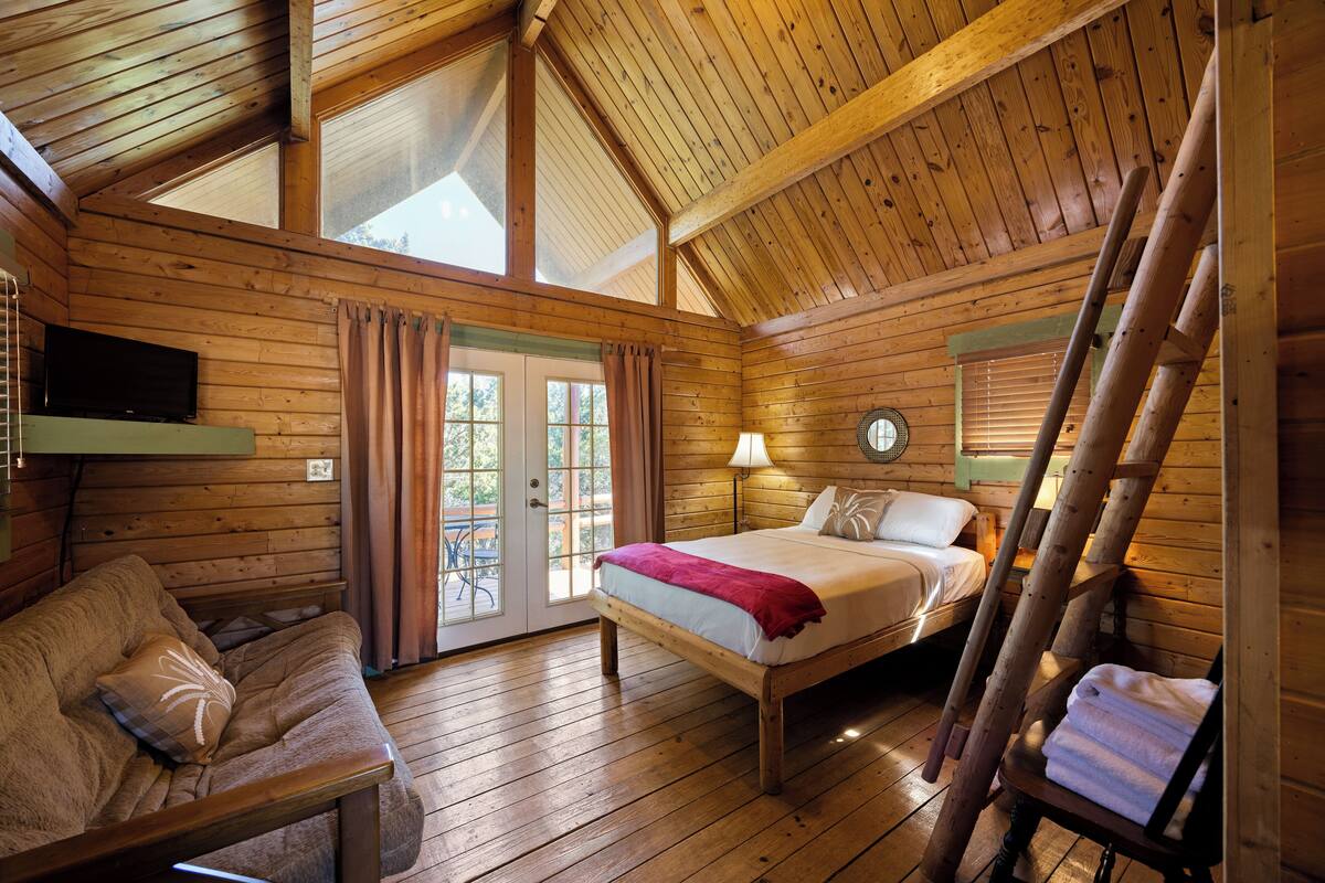 A wooden cabin with a loft bedroom, a sofa, and a ladder.