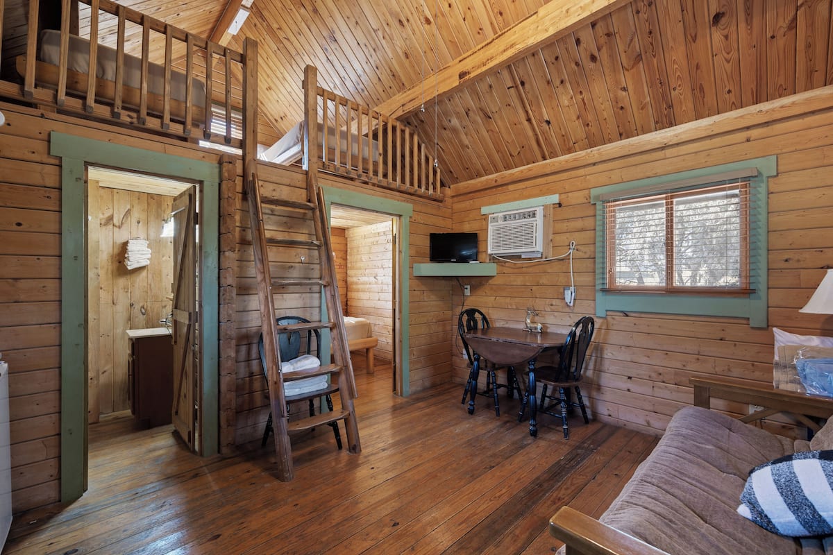 A wooden cabin with a loft bedroom, a dining area with a table and chairs, a sofa, and a television.