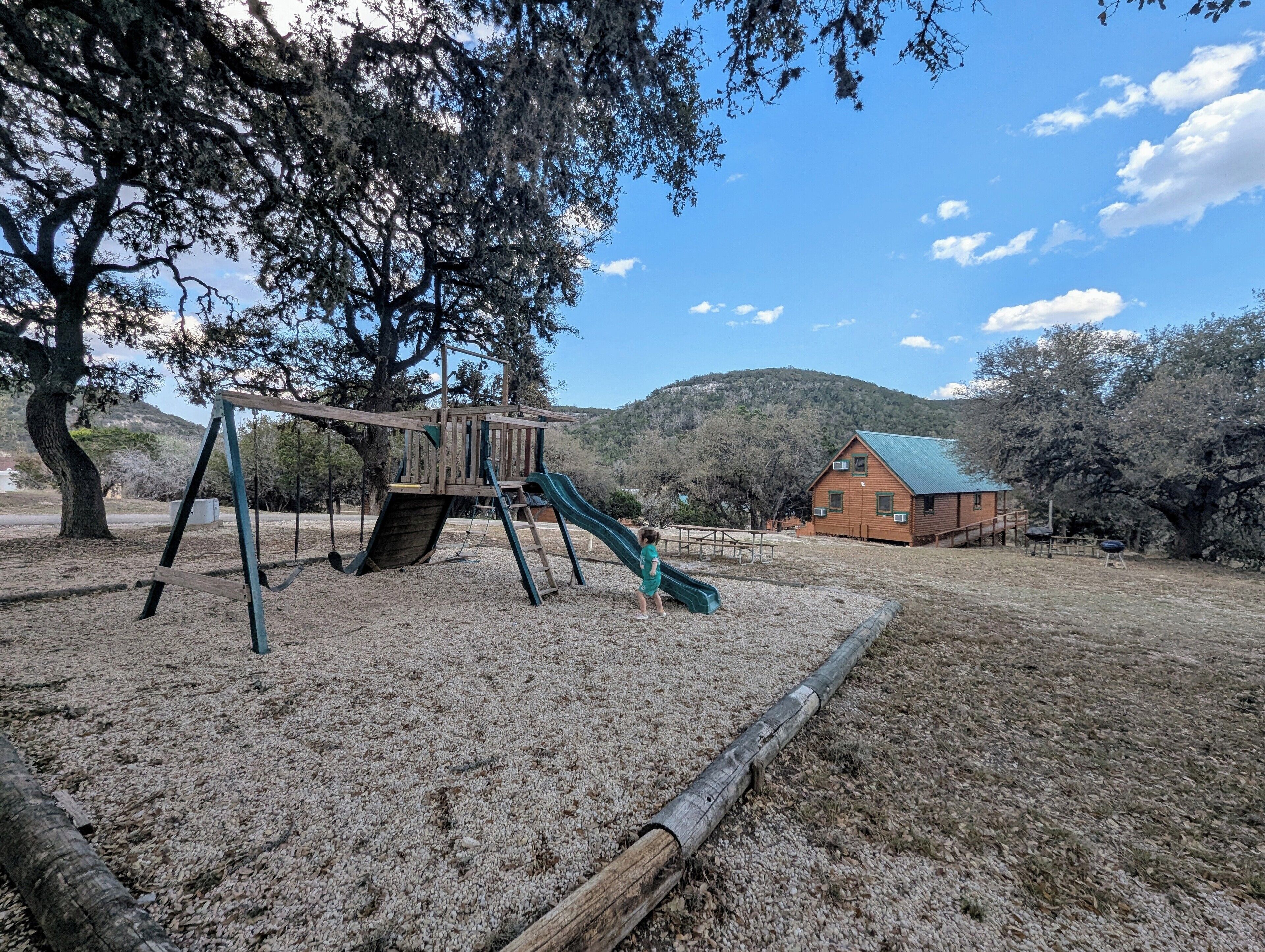 A playground with a slide and swings, a wooden house with a green roof, and a large tree in the background.