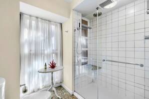 Shower, hair dryer, towels, shampoo